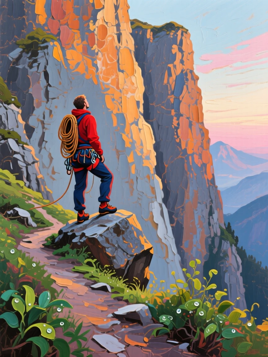 a climber pausing below an immense cliff, at first light, composed along a natural leading line.