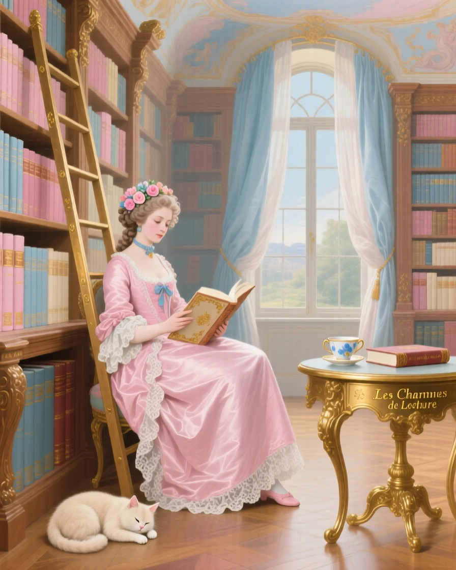 A royal library with a lady reading beside a ladder and a sleeping cat  