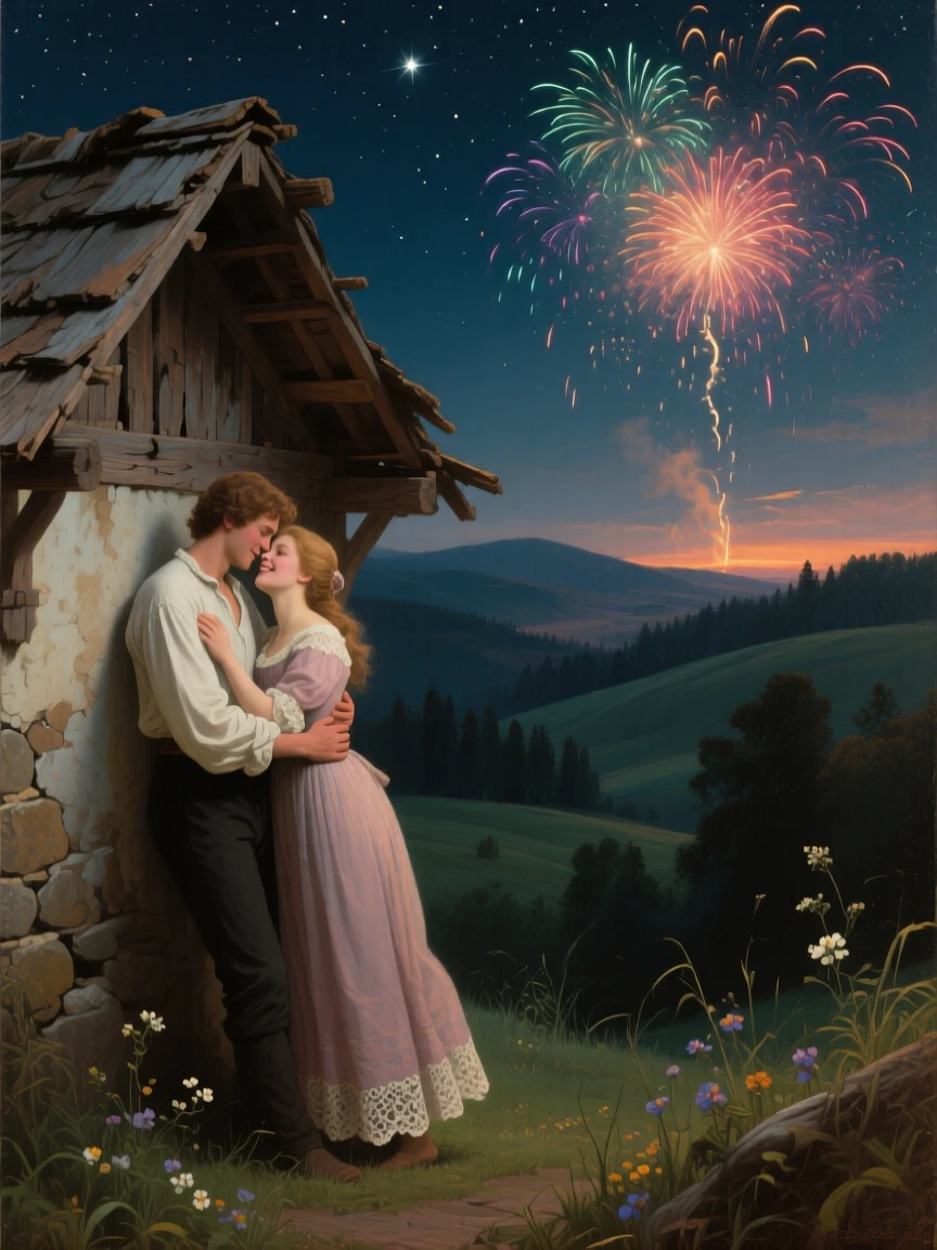 Two young lovers embrace beneath a rooftop beneath the stars as fireworks light up the horizon.