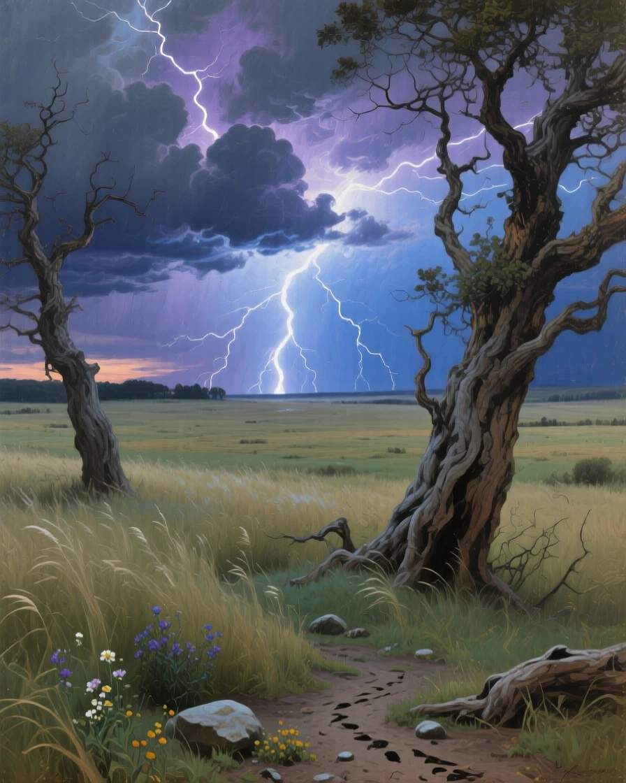 A lightning storm illuminating a wide open prairie at dusk, framed by ancient weathered trees on either side, designed to feel like a window into another world