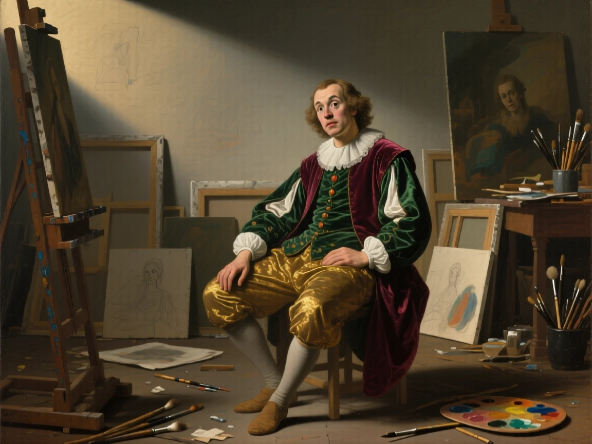 A court jester resting quietly after a long evening of performance pausing as if interrupted by an unseen presence, set in an artist's cluttered studio strewn with canvases, with a single shaft of light illuminating an expressive face; soft background blur isolates the sitter as the clear focal point, suggesting a private world just glimpsed by the viewer.
