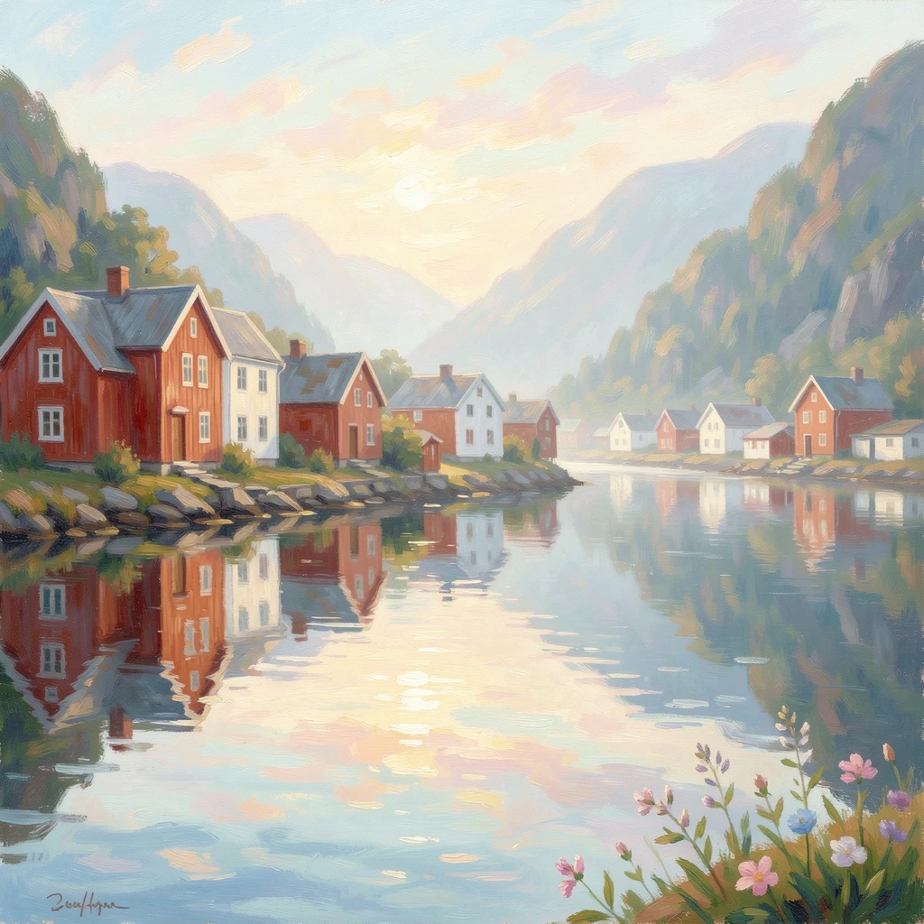 A quiet fjord village where wooden houses in red and white cluster along a mirror-still channel of water.