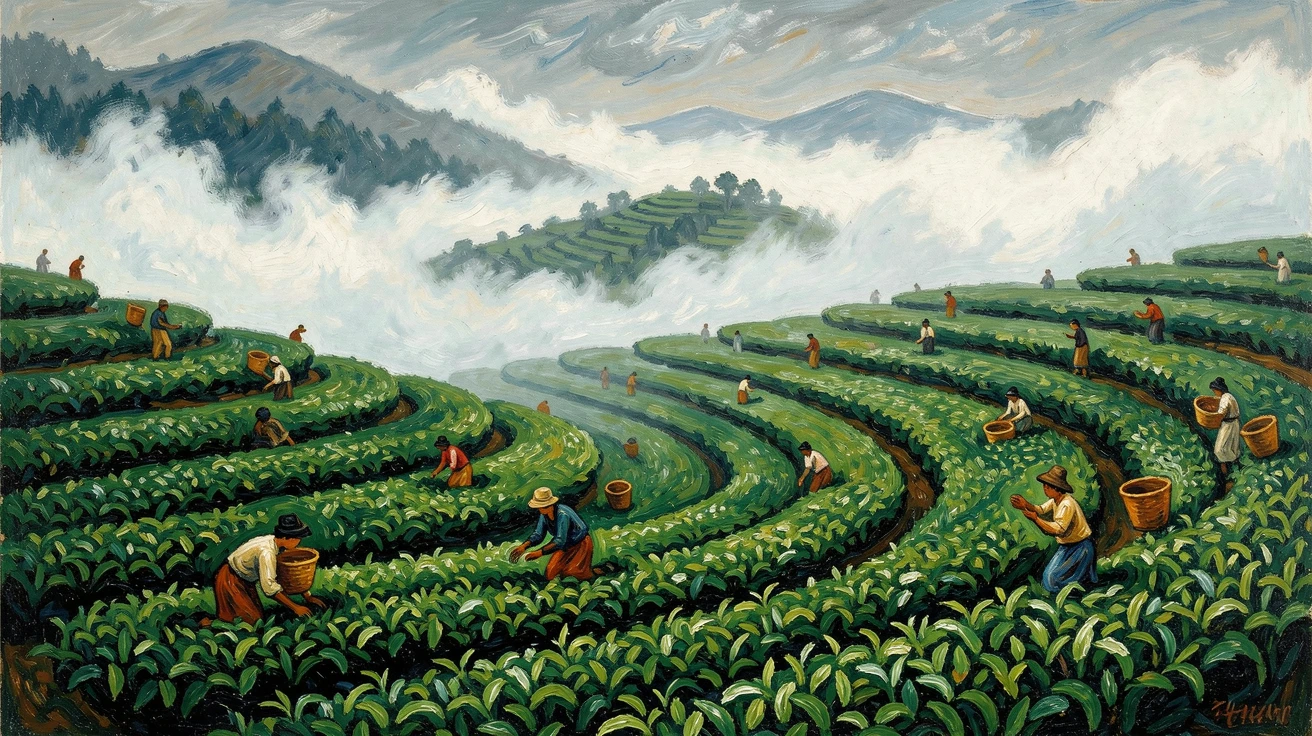 A cascading terraced tea plantation in the early morning fog, workers' baskets dotting the green slopes.