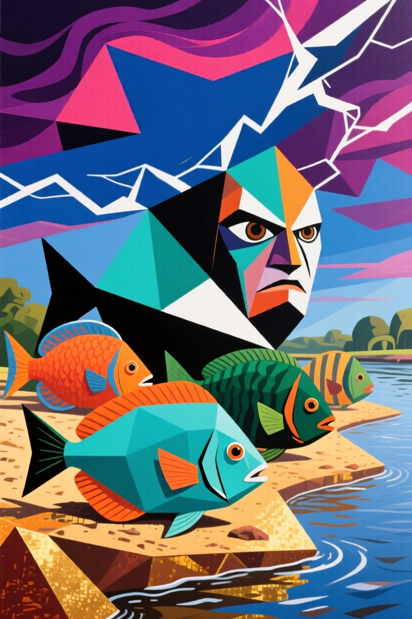 A striking view of a school of tropical fish resting on a sunlit riverbank beneath a dramatic sky.