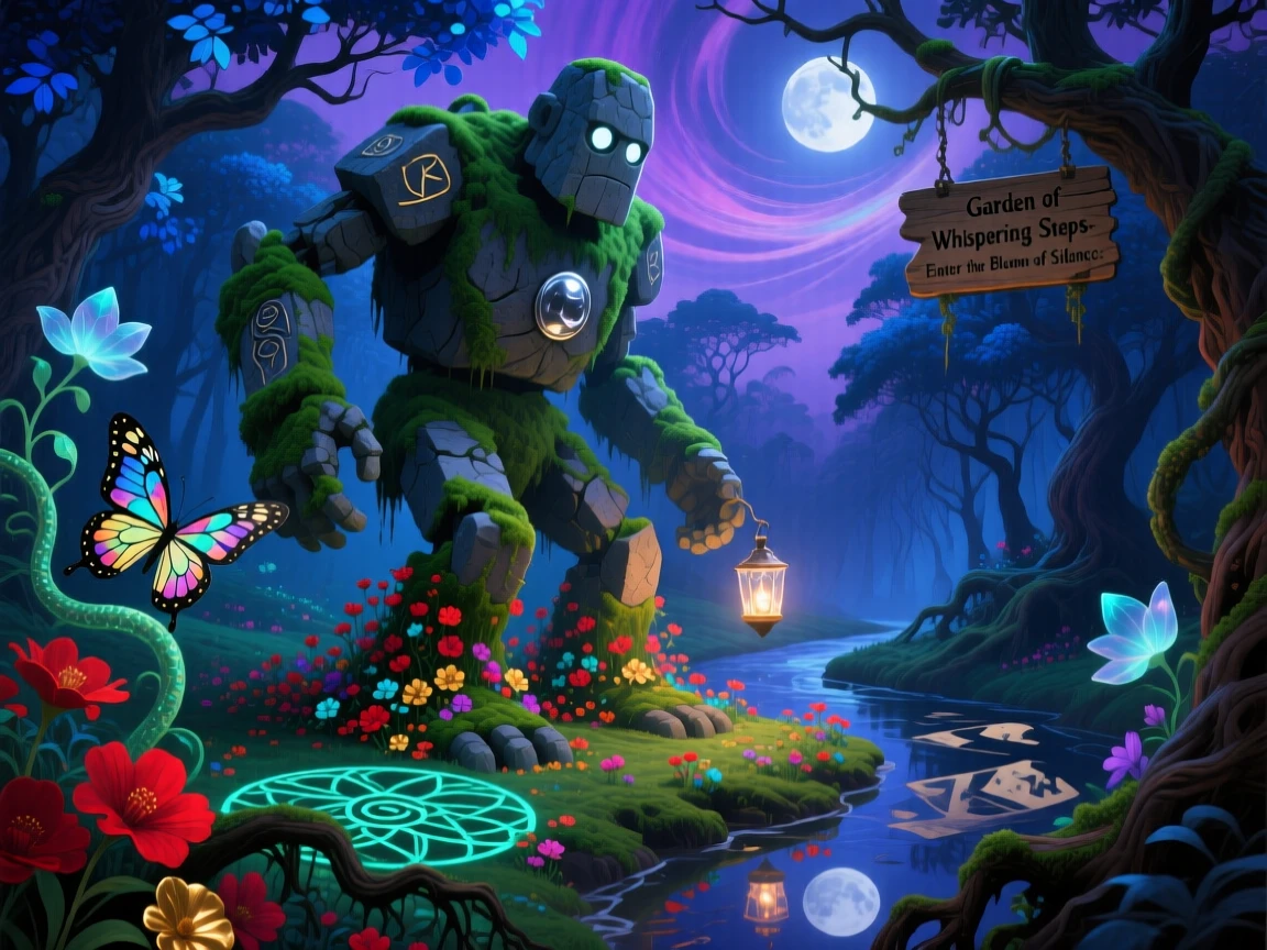 A golem of stone and moss tending a quiet garden alone drifts quietly along the edge of a moonlit forest, as flowers bloom instinctively wherever it steps.