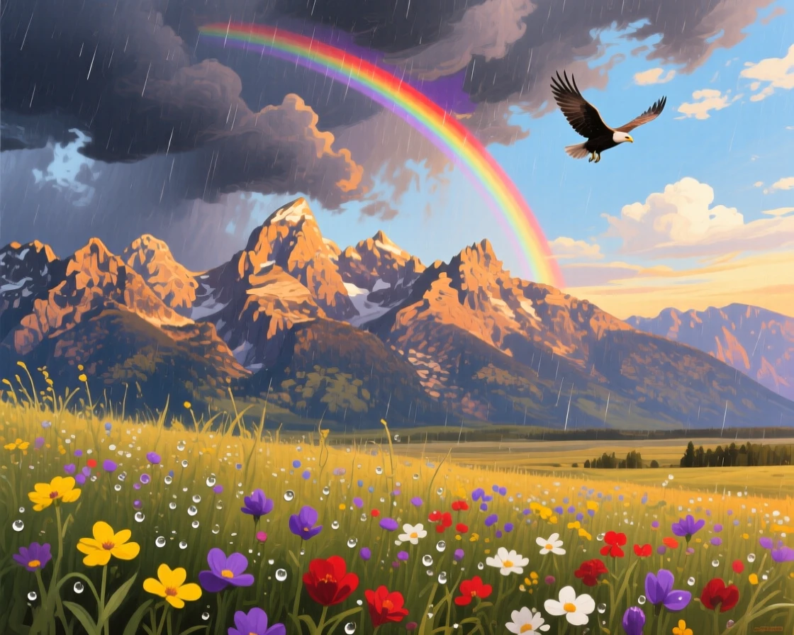 A dramatic storm clears over the Grand Tetons, a double rainbow arcing across the retreating clouds, wildflower meadows glistening with fresh rain in the foreground beneath the jagged peaks, the silence broken only occasionally by the call of a bird crossing the open sky.