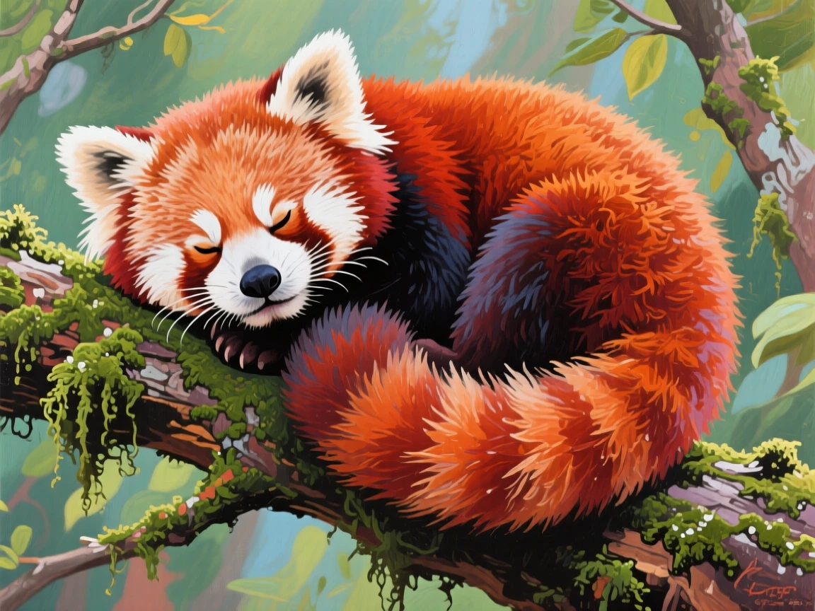 A red panda curled up asleep on a mossy tree branch, its bushy tail wrapped around its face