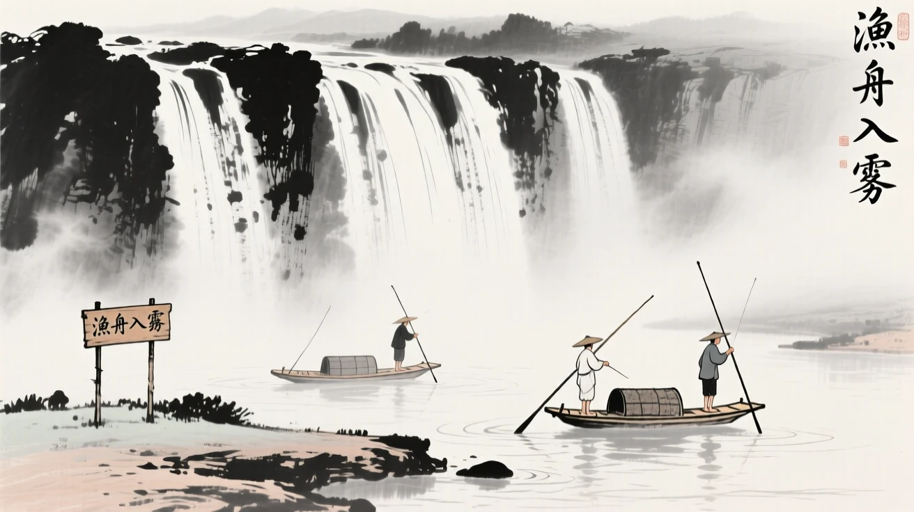a broad waterfall plunging into a misty pool, with fishermen poling small rafts along its banks.