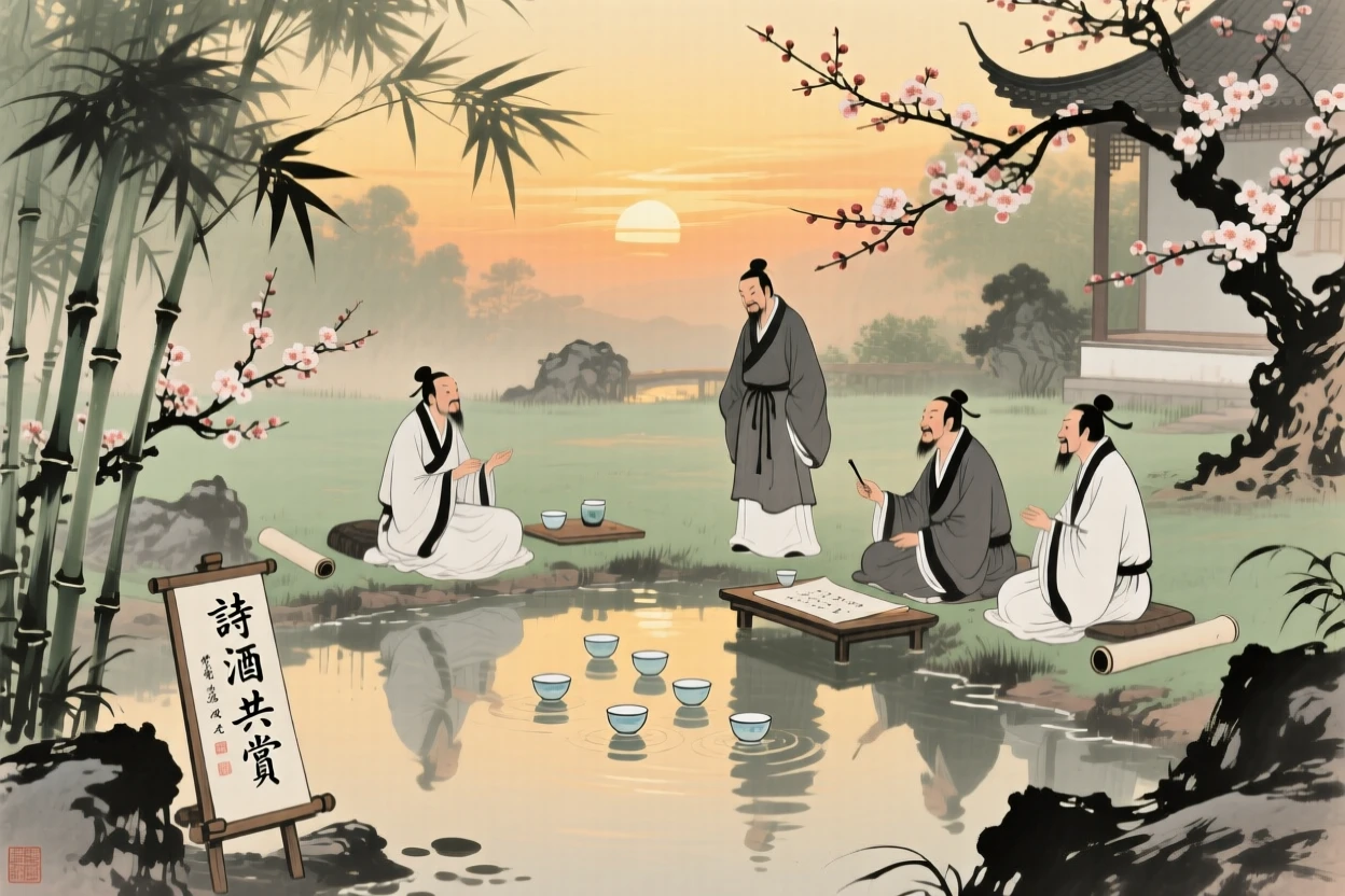 An ancient scholar's garden party with guests composing poems on floating cups, brimming with peaceful contentment, in the last golden light of day.