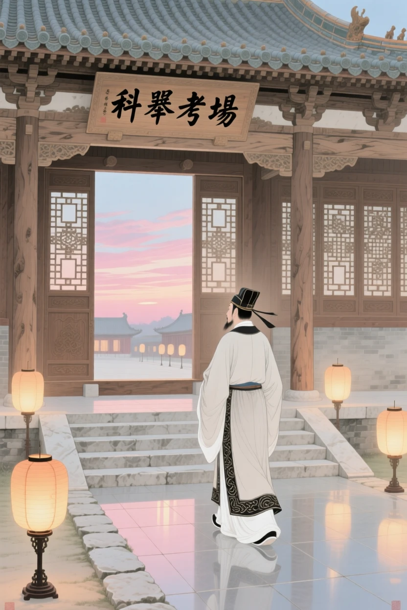 An ancient scholar arriving at an imperial examination hall at dawn, with lanterns lighting the path ahead