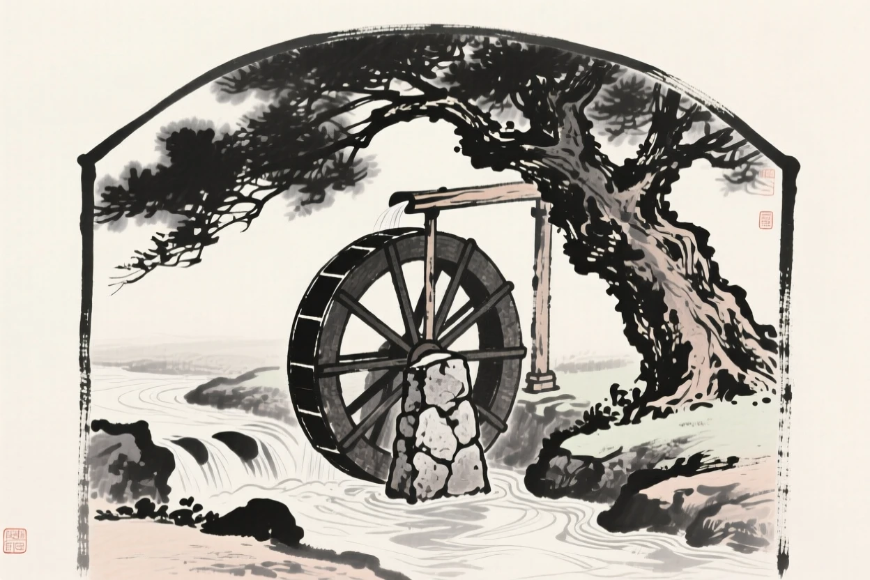 An old stone waterwheel beside a stream beneath the shade of an ancient tree, framed through an archway or gate for depth, evoking centuries of quiet history and devotion.