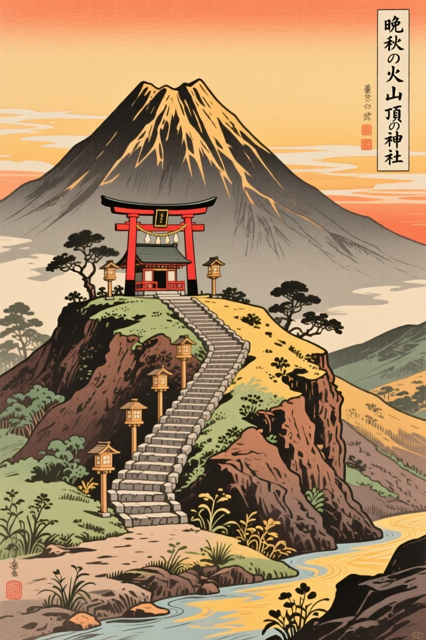 A jagged volcanic cone, with a winding stone staircase to a hilltop shrine, in golden late-afternoon light.