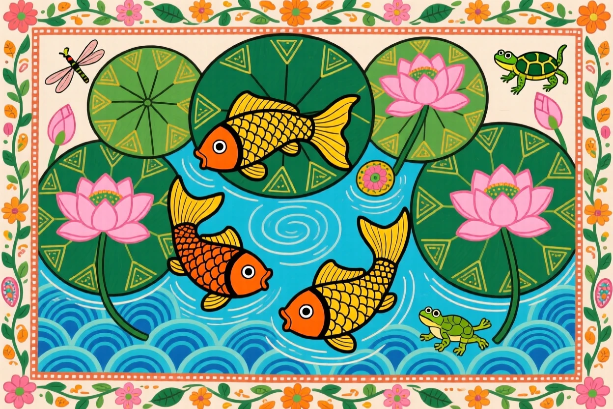 Goldfish swimming in slow circles beneath floating lotus leaves.