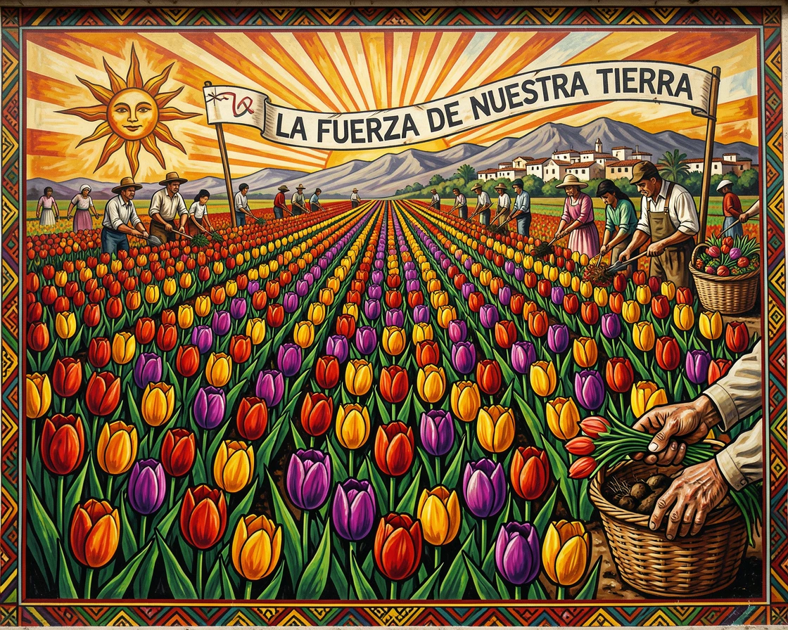 A field of tulips in rows of vibrant colors