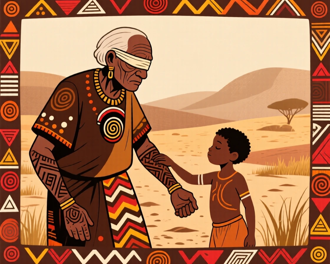 A blind elder guided gently by a young child.
