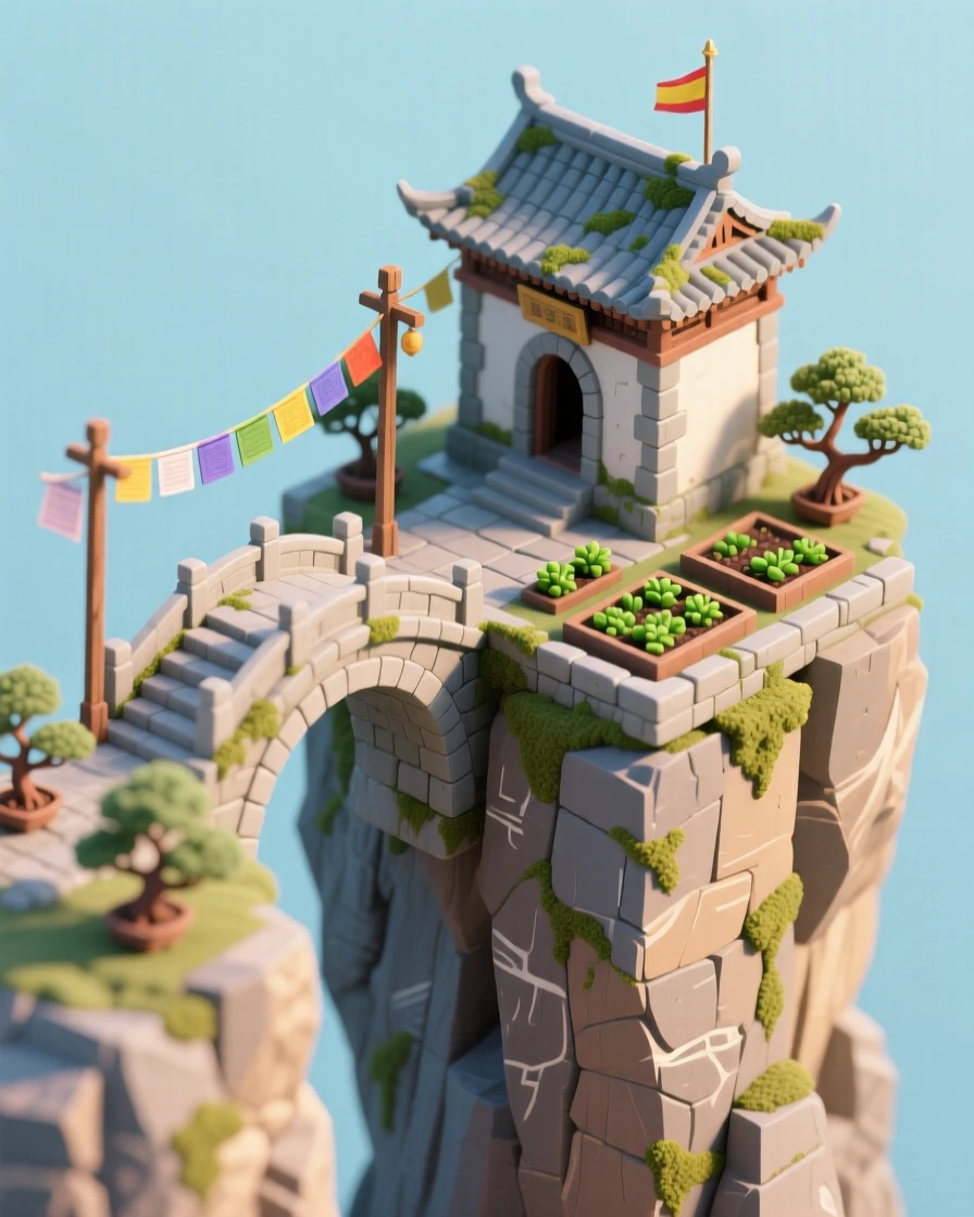 A cliffside monastery-style retreat with a single stone bridge crossing to the entrance, prayer flags fluttering in the wind, and a garden terrace carved into the rock below.