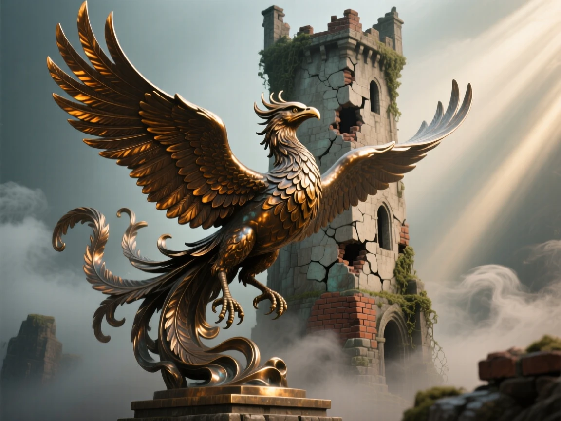 A legendary phoenix circling a crumbling ancient tower, surrounded by swirling mist and light, radiating awe and grandeur