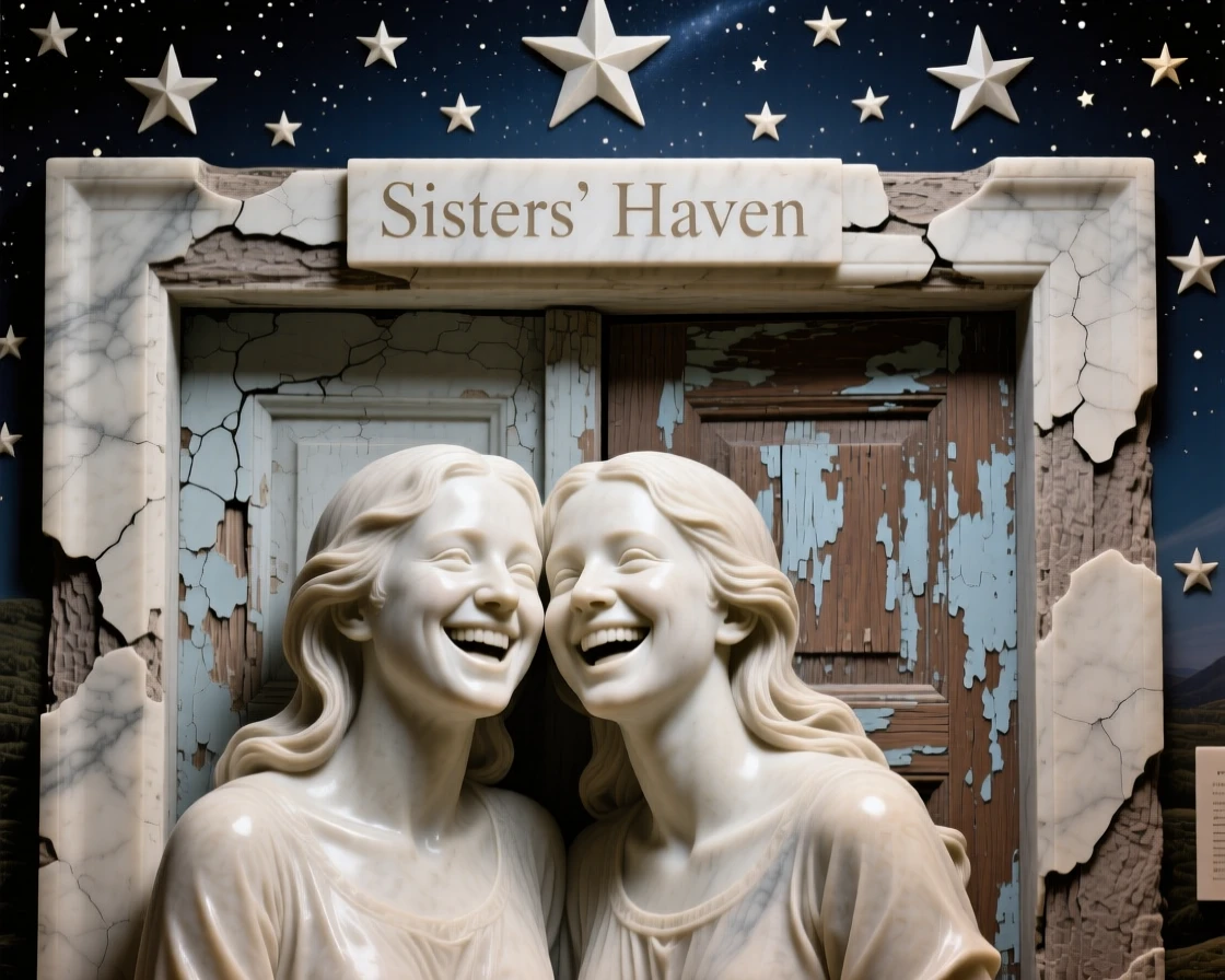 A close-up portrait of twin sisters laughing together, leaning against a weathered doorway, under a star-filled night sky, radiating quiet emotion and dignity