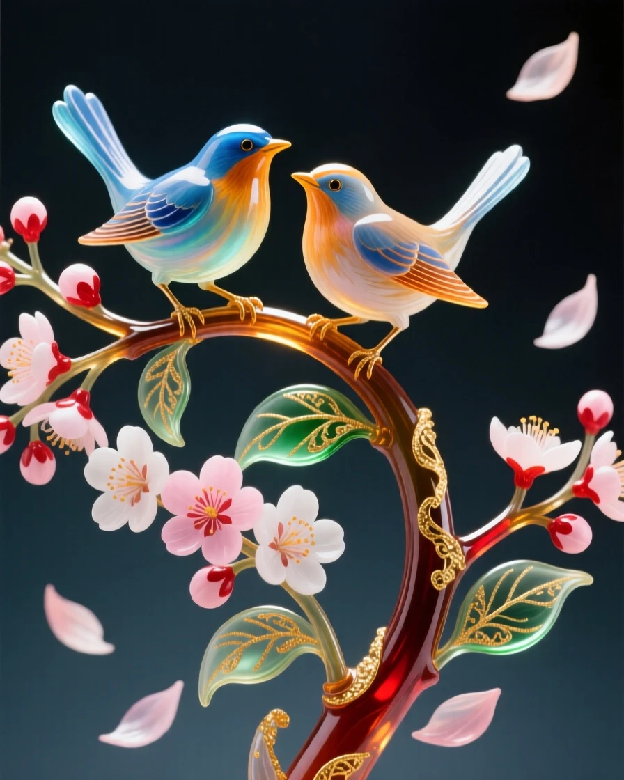 A pair of nightingales singing atop a blossoming cherry branch, sweet and lyrical, petals drifting on a spring breeze.