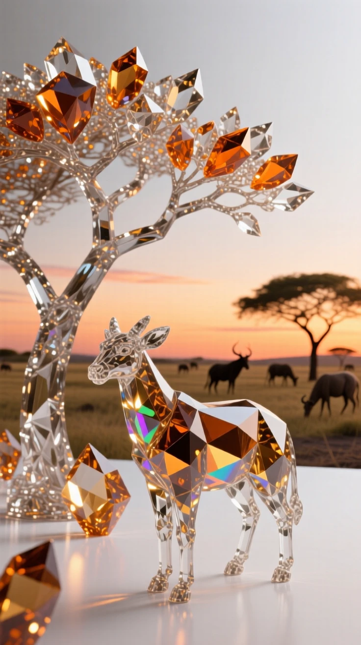 A savanna at dusk, acacia trees silhouetted against a deep orange sky, distant herd of animals grazing.