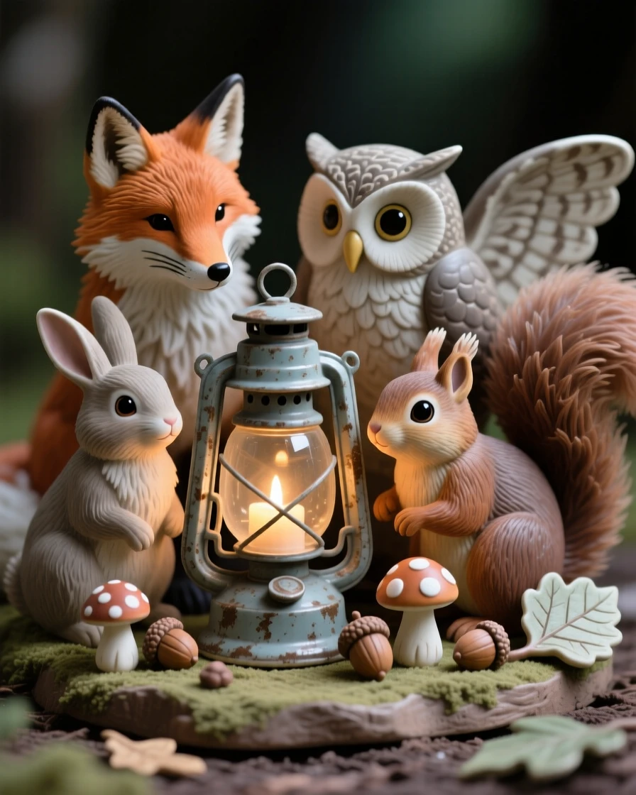 A group of forest animals gathered around a lantern captured in a charming, storybook moment, surrounded by tiny, carefully placed props, evoking childlike wonder and gentle humor.