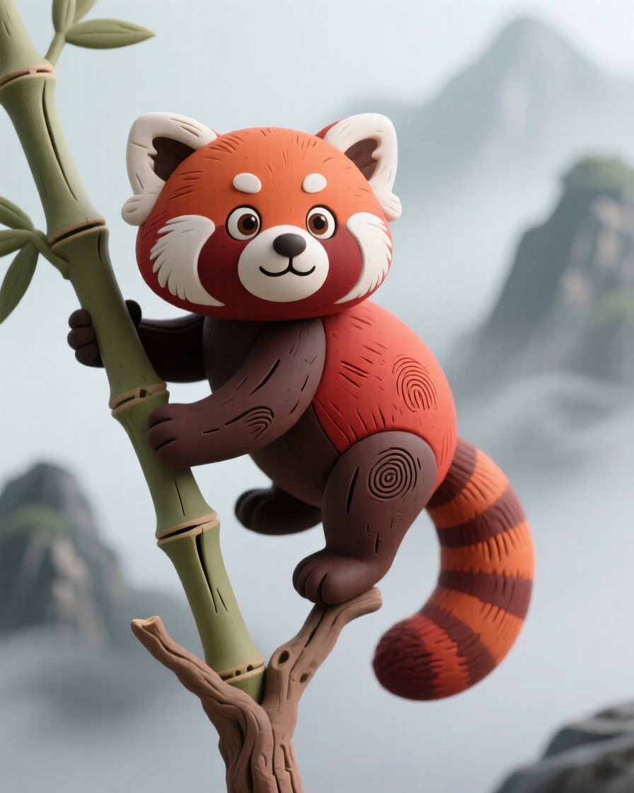 A red panda balancing along a bamboo branch in misty mountain fog
