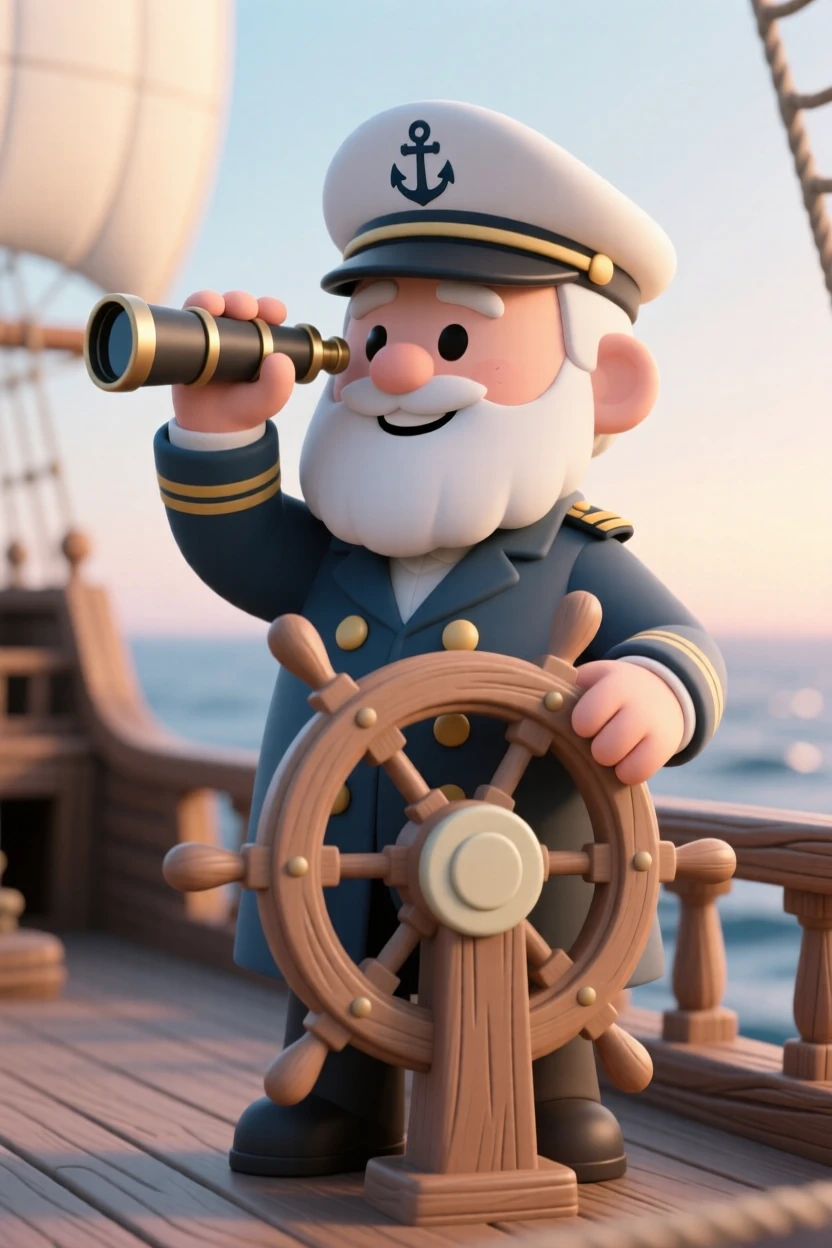 A retired sea captain stands at the helm of an old wooden ship, spyglass raised toward the horizon at dawn.