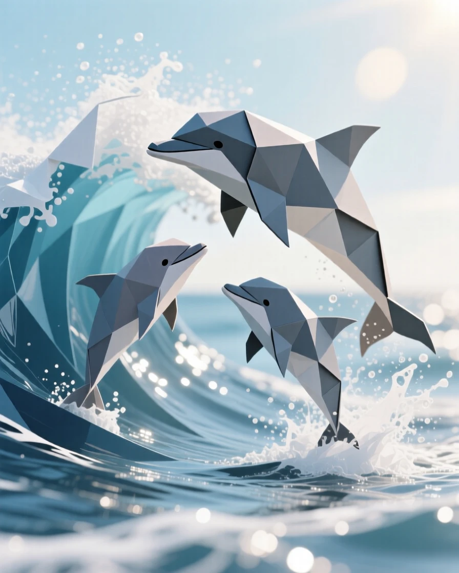 A baby dolphin leaping beside its mother through a wave, sunlight scattering through the spray.