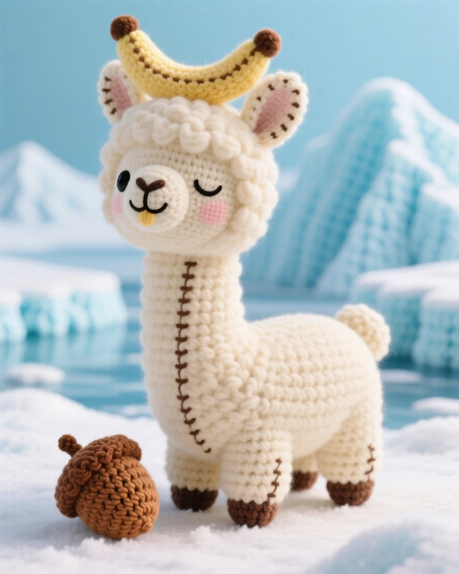 a baby llama, with a long neck and soft banana-shaped ears, chewing contentedly with half-closed eyes, set in an icy arctic landscape with distant blue glaciers, with a fallen acorn resting beside its paw, evoking playful mischief bubbling just beneath the surface.