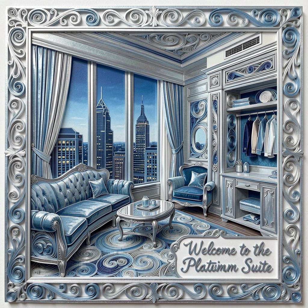 an opulent hotel suite with sweeping city views, in a plush velvet-lined boutique, framed with an air of quiet, understated elegance, in cool platinum and silver tones.