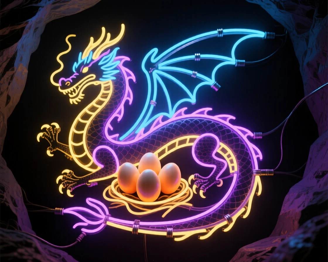 A dragon coiled protectively around its clutch of eggs in a cave.
