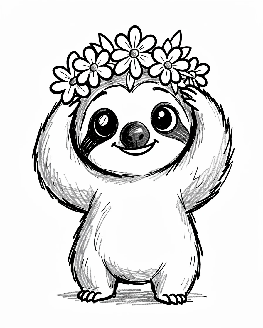 A baby sloth trying on a flower crown.