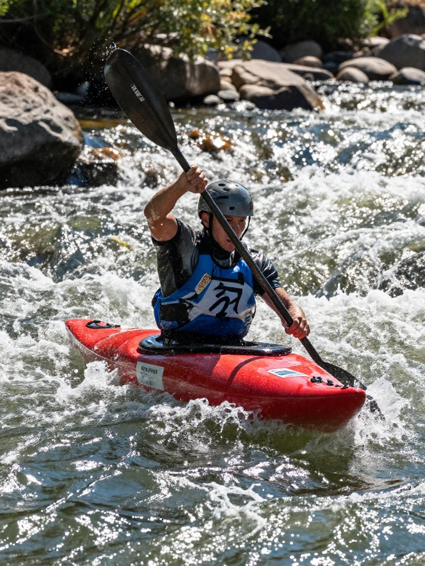 A kayaker paddles hard through a churning set of river rapids.
