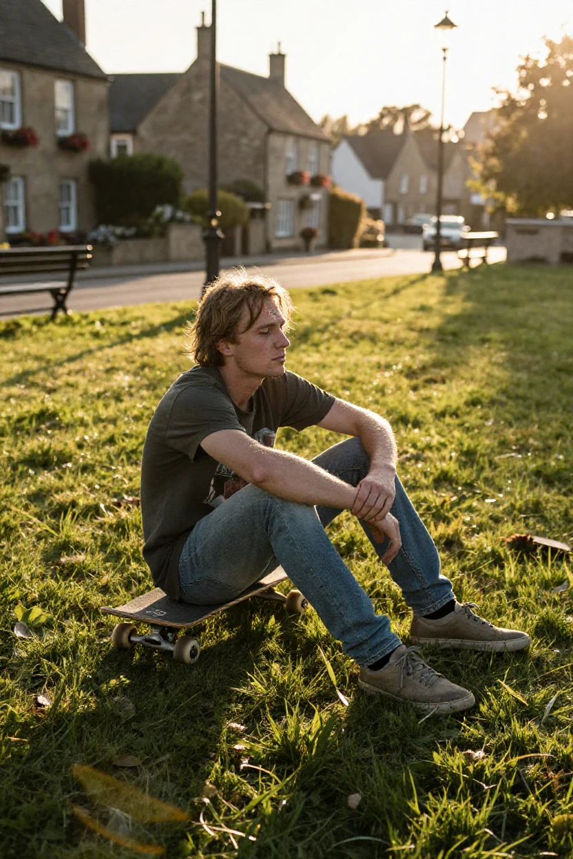 A skateboarder pausing to catch their breath after a long effort on a quiet village green