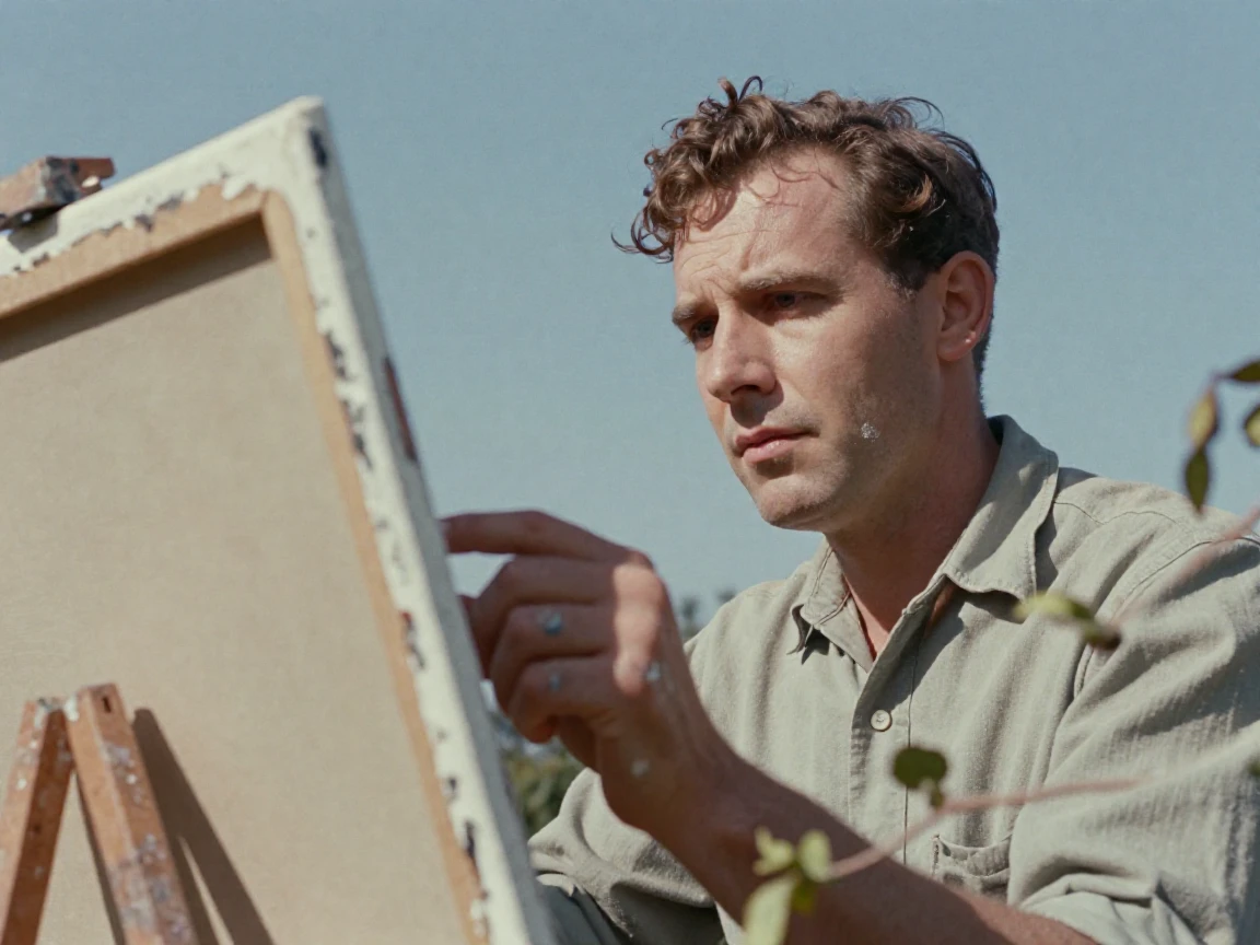 An artist with paint-stained fingers studying an unfinished canvas, under harsh midday sun, on a clear, cloudless day, in the mild days of early autumn, in soft muted pastels, peering through foliage in the foreground.