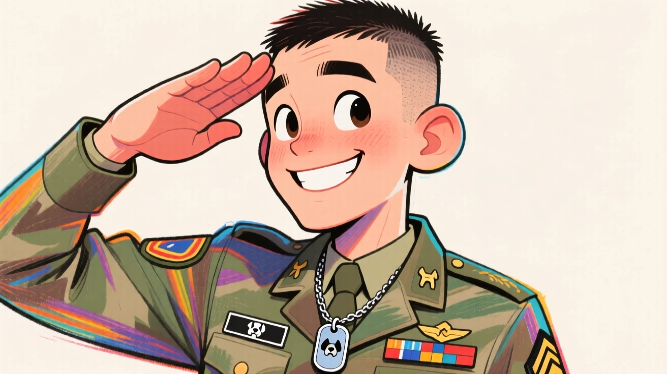 A young man with a fresh buzz cut and dog tags proudly saluting in his military uniform.