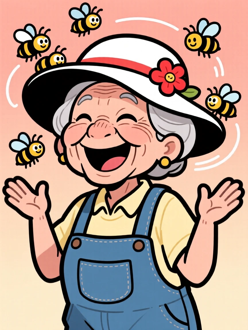 A memorable character portrait of a proud beekeeping grandmother in overalls, laughing as bees swirl playfully around her sun hat.