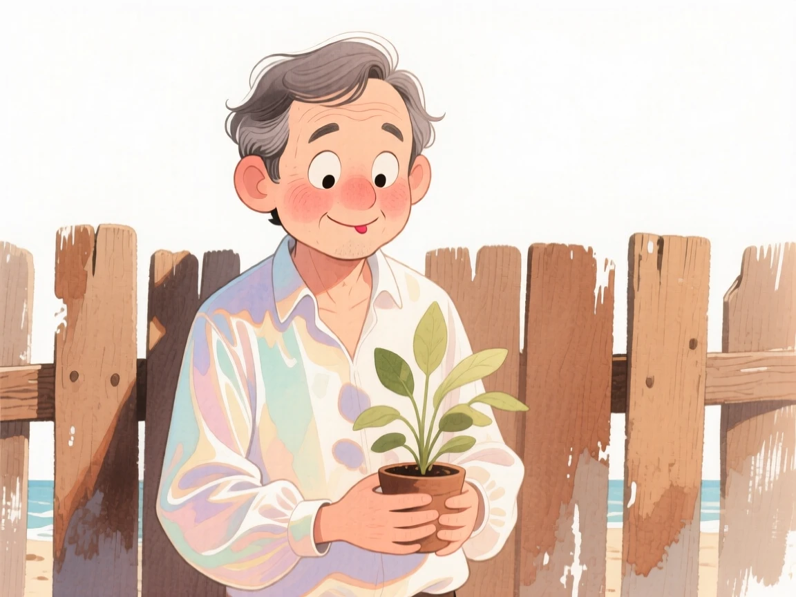 A middle-aged man with loose beach waves, biting her lip shyly, wearing an elegant silk blouse and clutching a favorite houseplant, in front of a rustic wooden fence