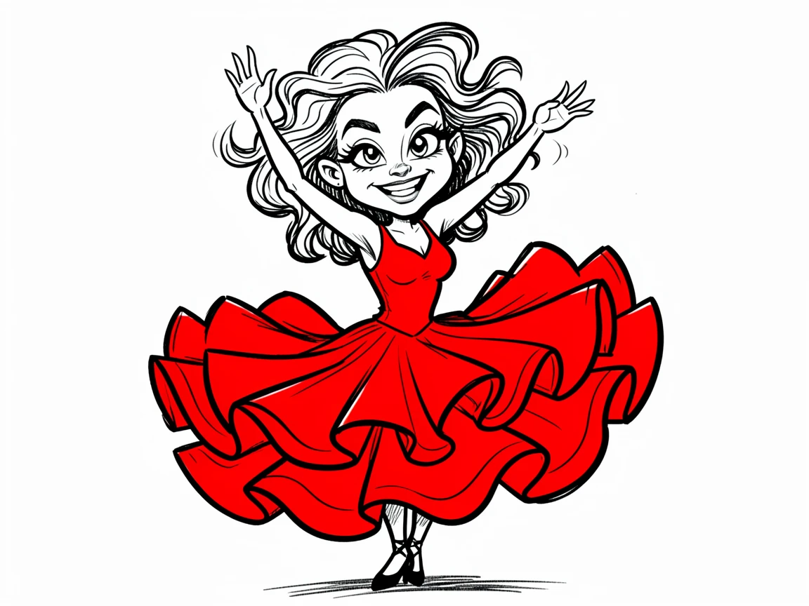 [People Portraits & Characters] Portrait of a spirited flamenco dancer twirling in a ruffled red dress, full of personality and charm