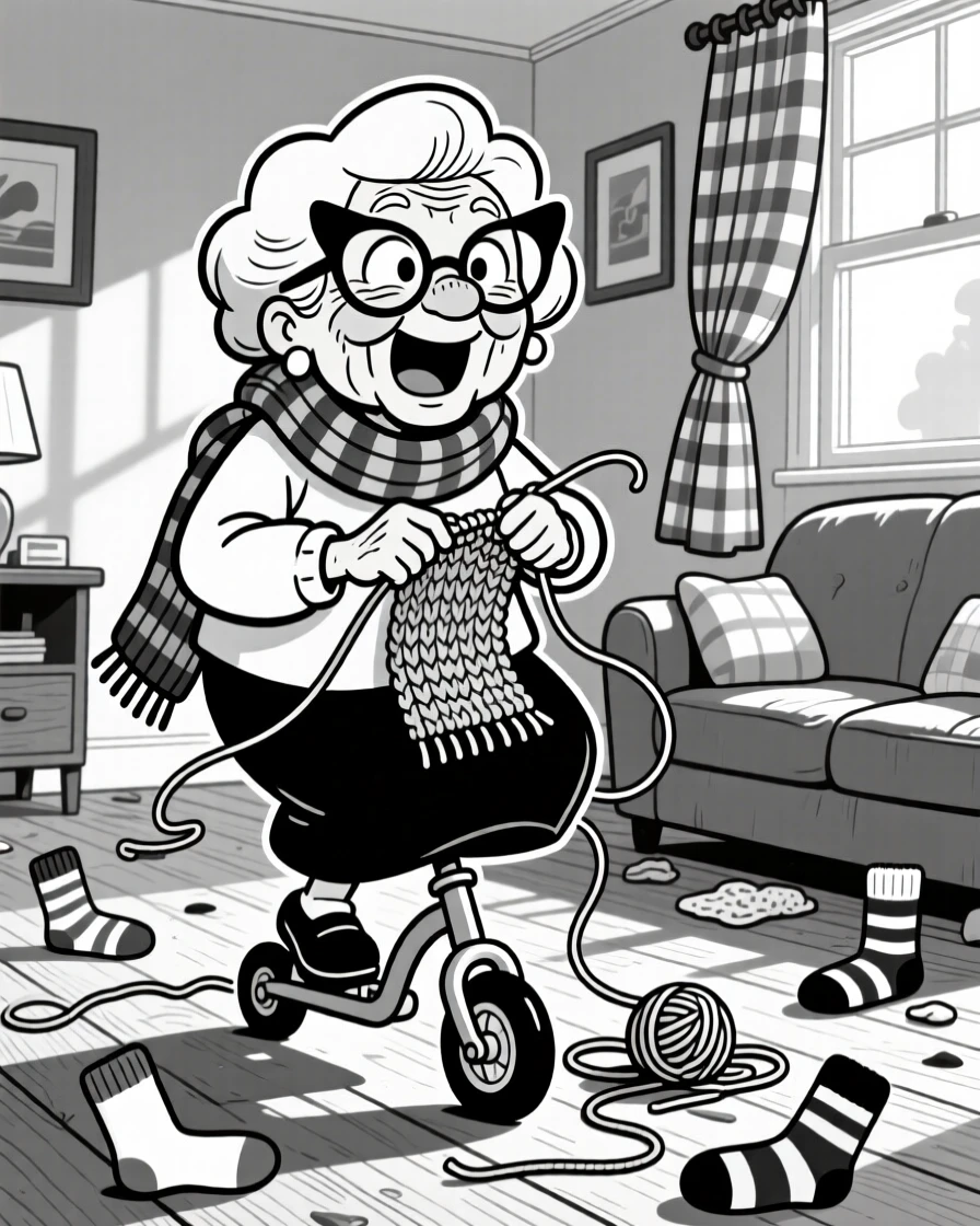 A grandmother knitting with cat-eye glasses sliding down her nose, wobbling on training wheels for the first time, set in a cozy living room with mismatched socks scattered on the floor. Sunlight streams through gingham curtains. It feels like a memory worth framing forever.