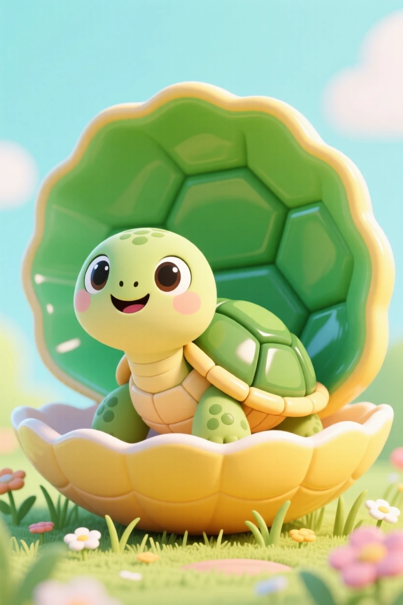 A tiny turtle poking its head out of an oversized shell.