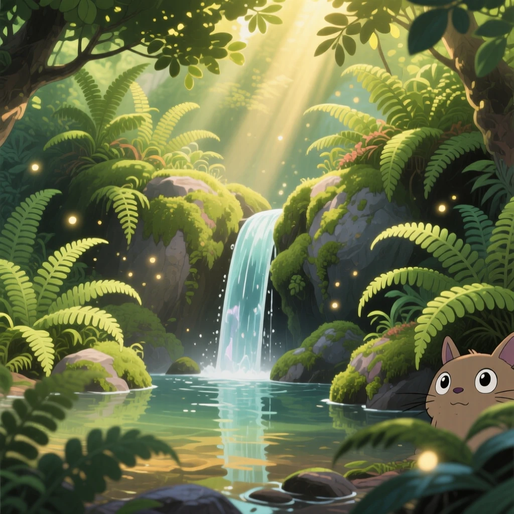 A fern-filled ravine with a small waterfall, shafts of light breaking through the leaves overhead, creating a scene of quiet natural magic.