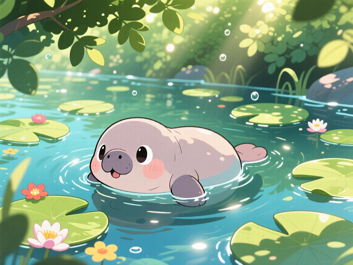 A baby manatee drifting lazily near floating lily pads, framed as a worm's-eye view within a sunlit freshwater spring, during a light summer breeze, glowing under dappled sunlight through a canopy, evoking gentle surprise.