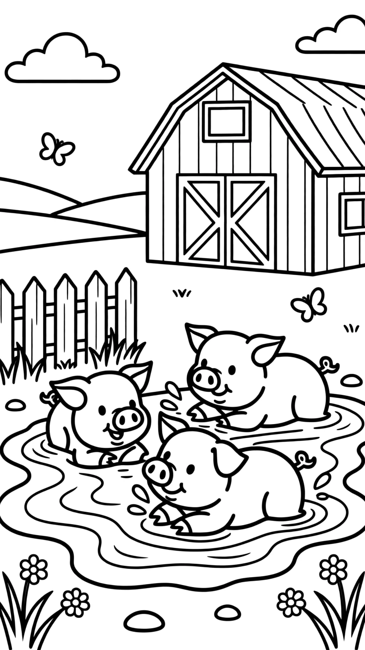 A litter of piglets rolling in a puddle on the farm