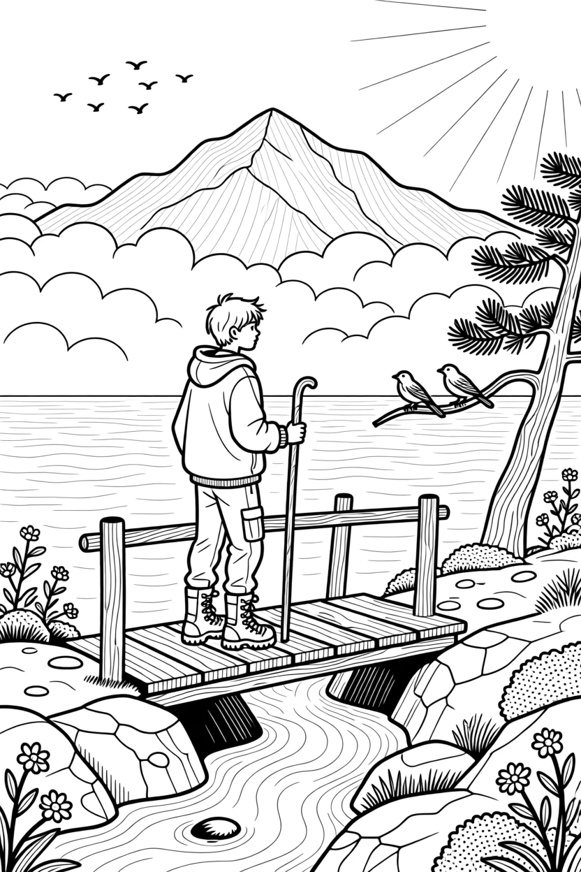 A mountain summit overlooking a sea of clouds, with a small wooden bridge crossing a stream nearby.