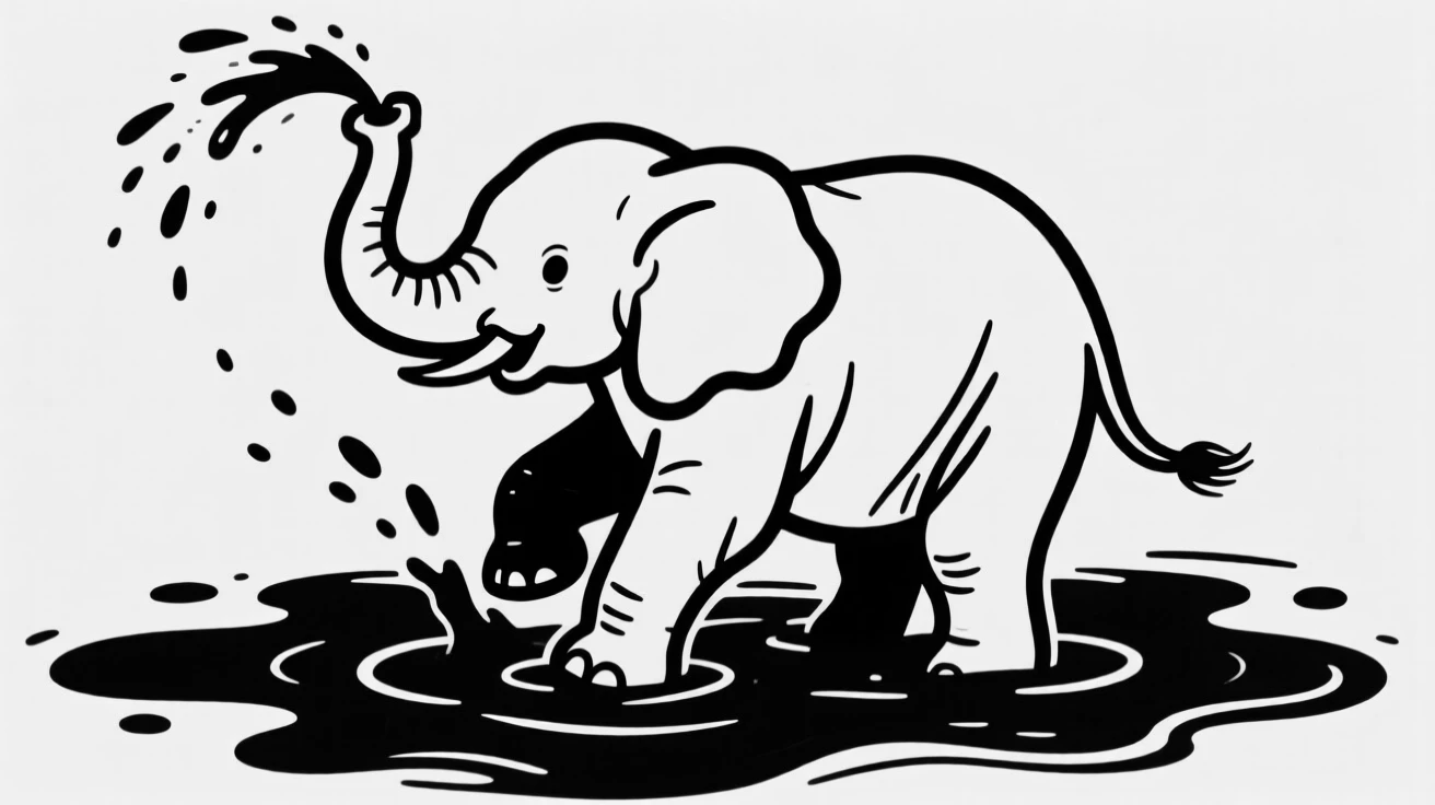 A baby elephant playing in a mud puddle, spraying water with its trunk.