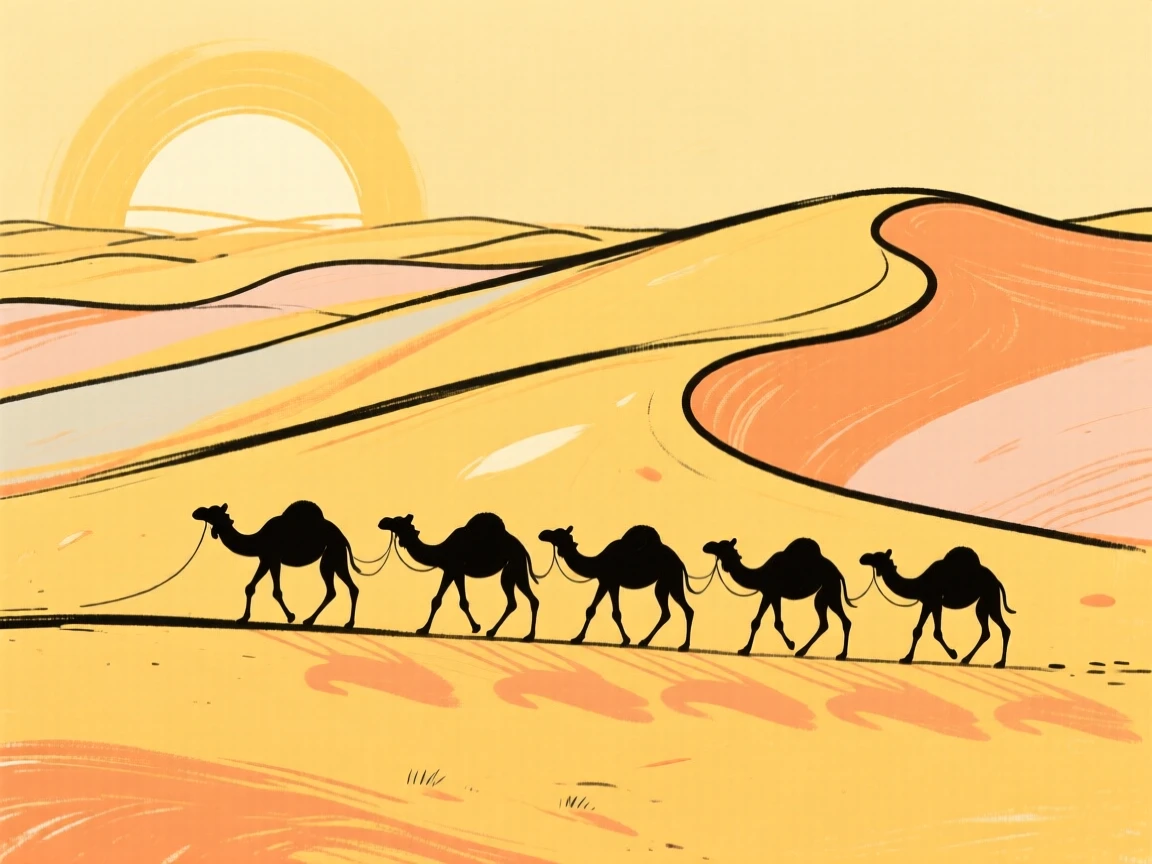 A camel caravan crossing golden sand dunes at sunrise.