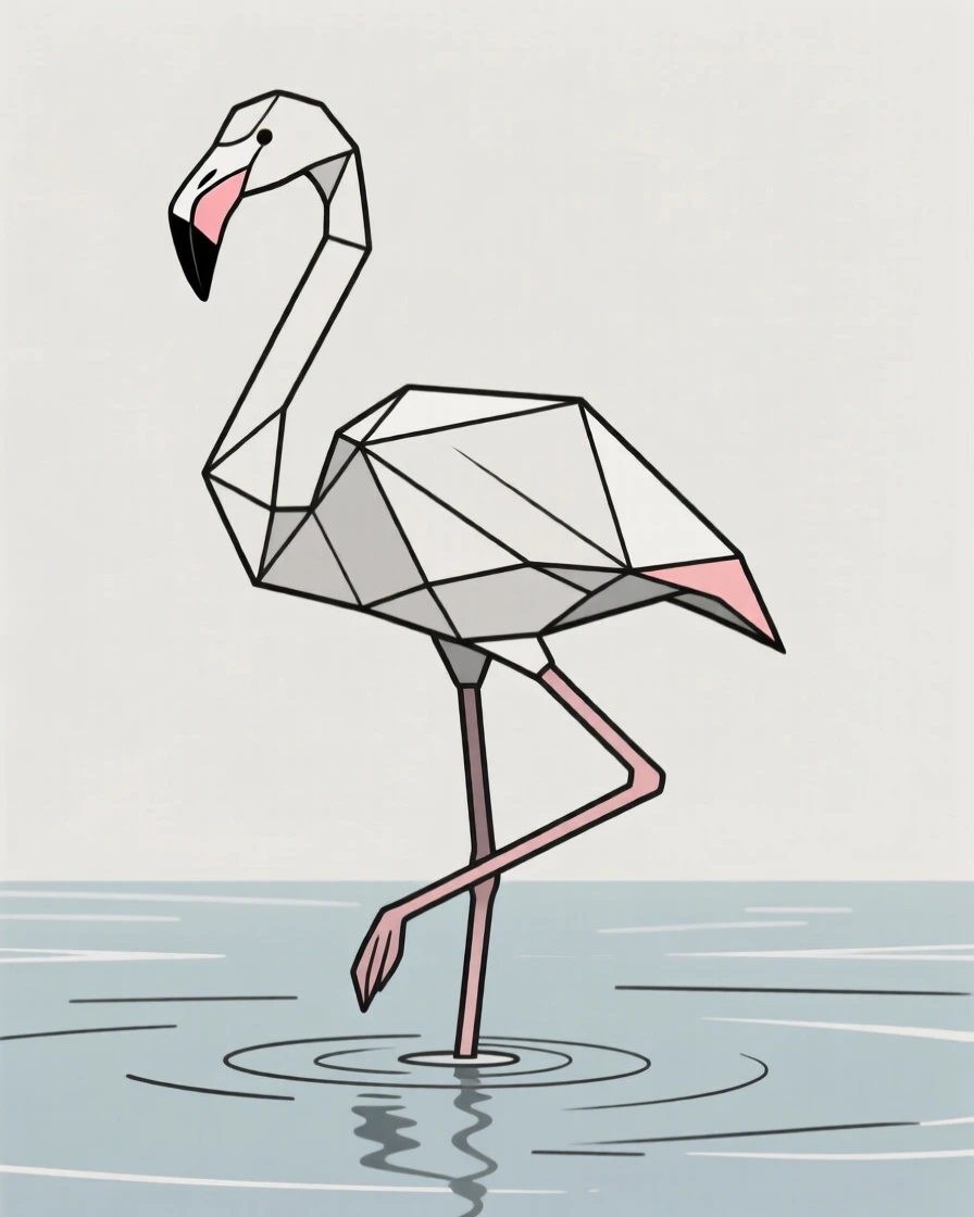 A flamingo standing on one leg in shallow water