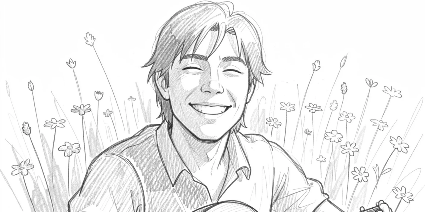 Close-up portrait of a cheerful street musician in a sunlit meadow of wildflowers, eyes closed in quiet contemplation.
