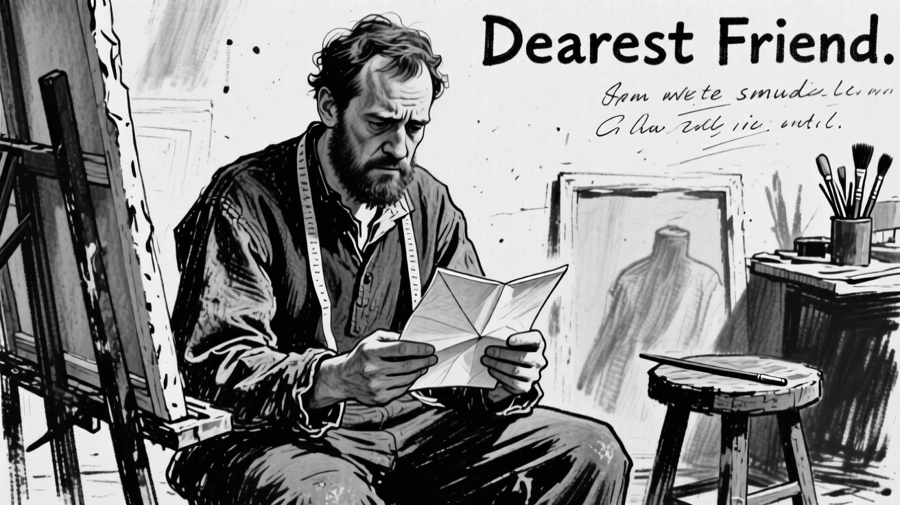 A tailor reading a letter with a mixture of hope and longing, in an artist's studio.